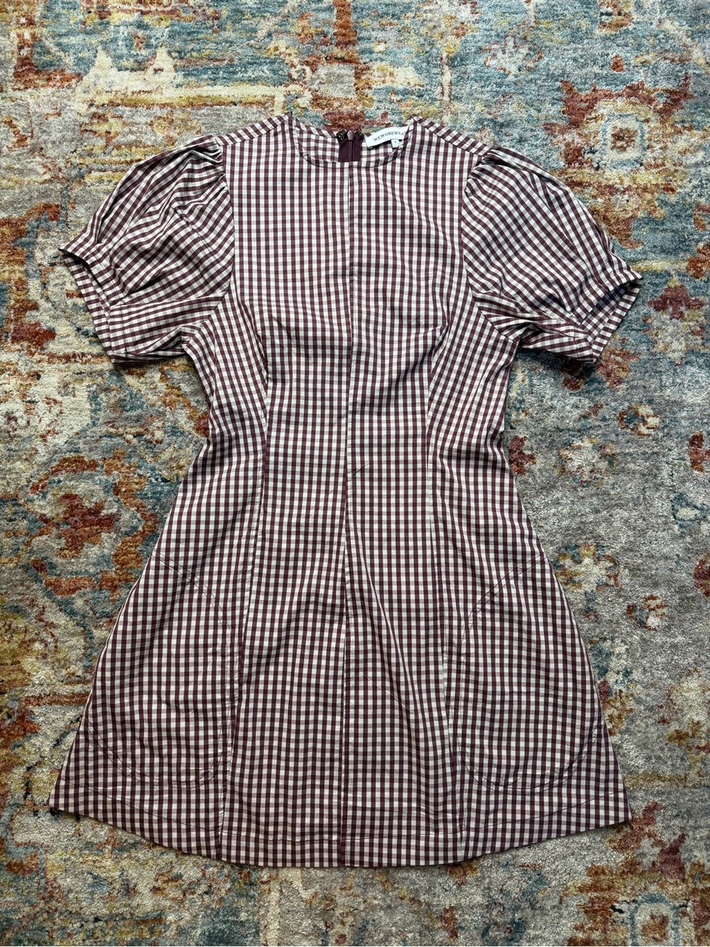 WeWoreWhat Maroon & White Gingham Puff-Sleeve Mini Dress
